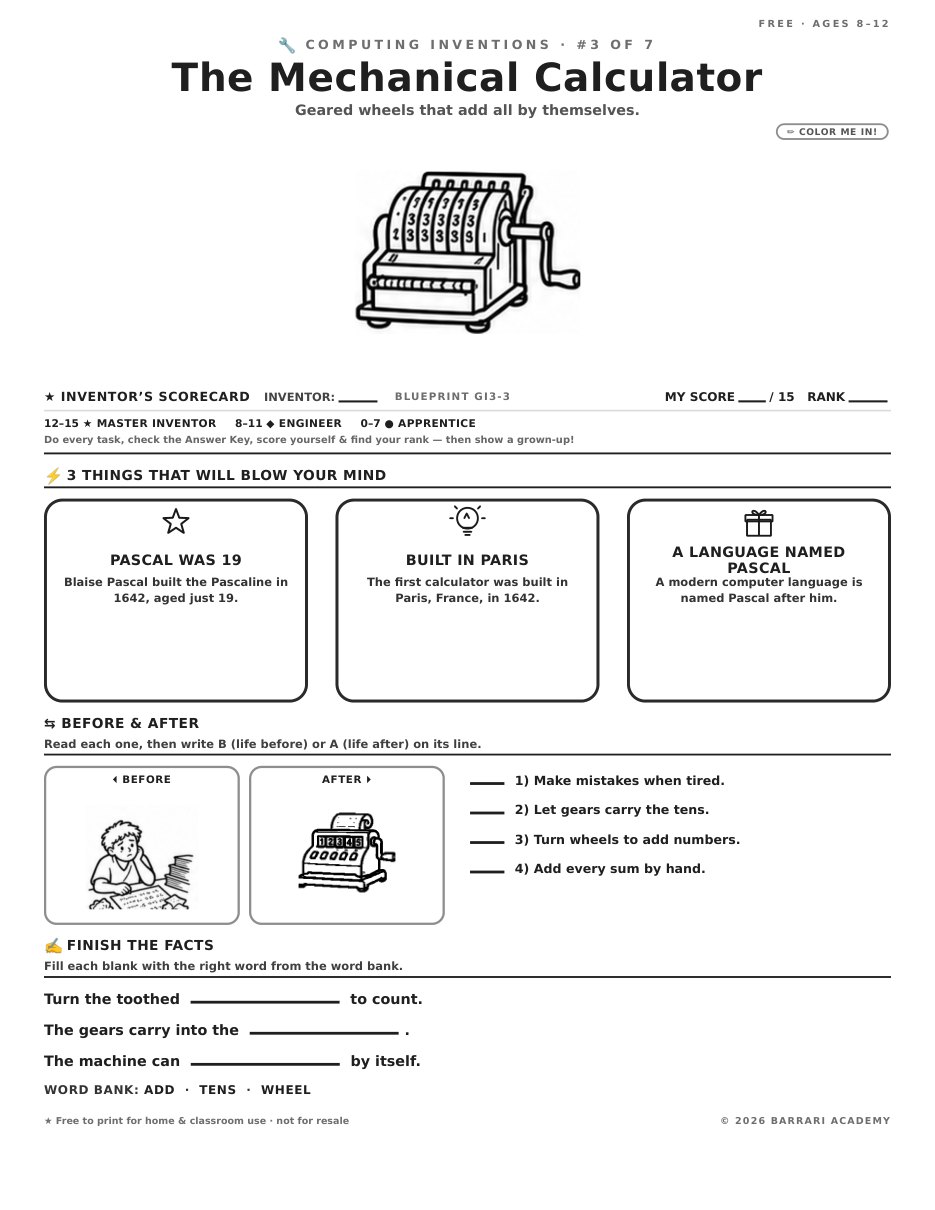 The free The Mechanical Calculator worksheet — fun facts and activities