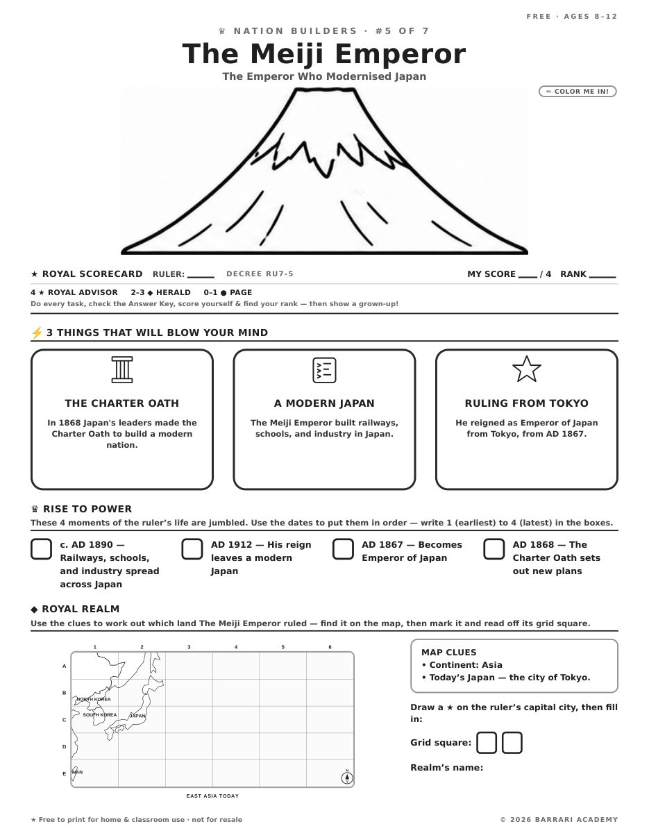 The free The Meiji Emperor worksheet — fun facts and activities
