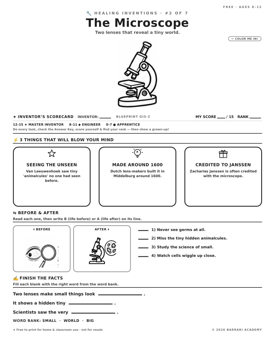 The free The Microscope worksheet — fun facts and activities