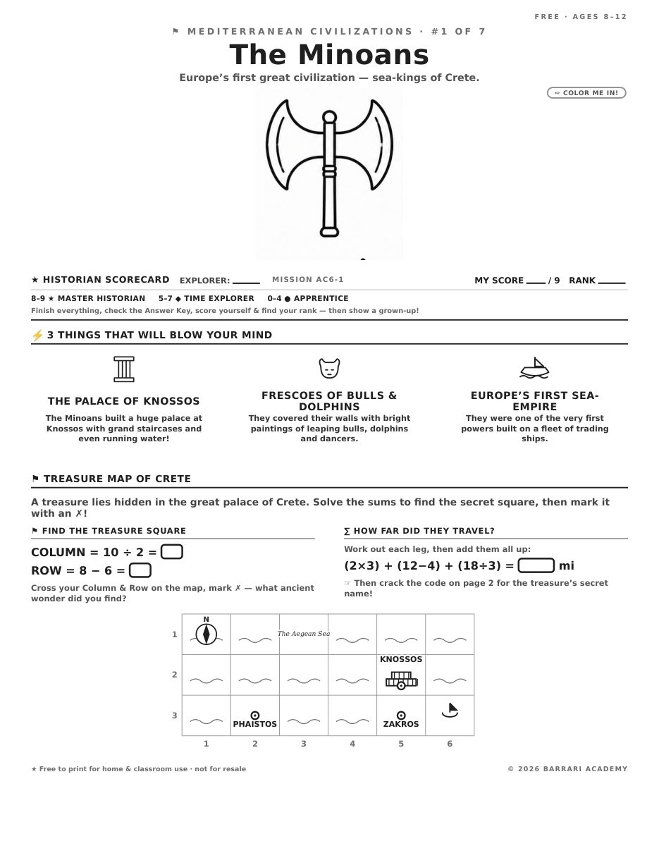 The free The Minoans worksheet — fun facts and activities