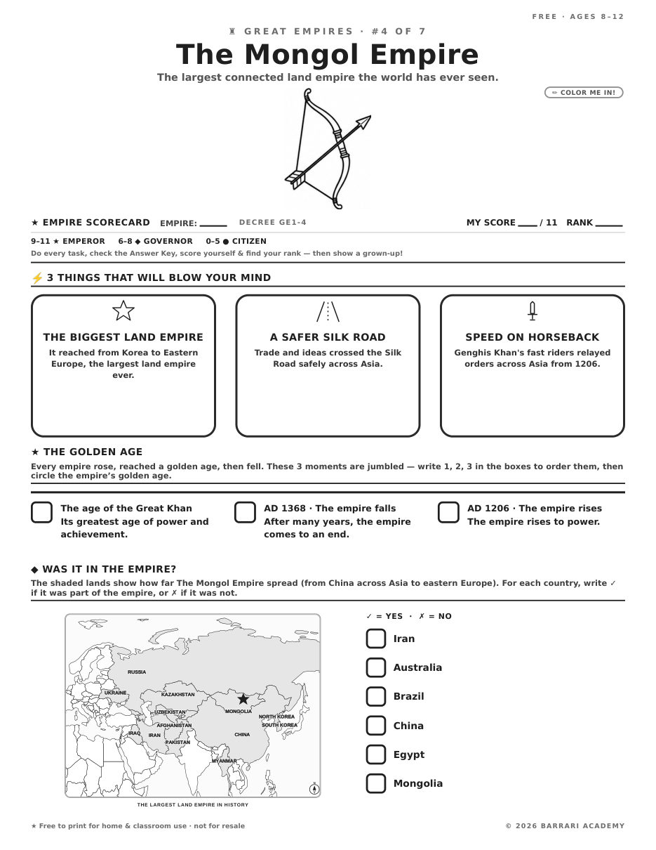 The free The Mongol Empire worksheet — fun facts and activities