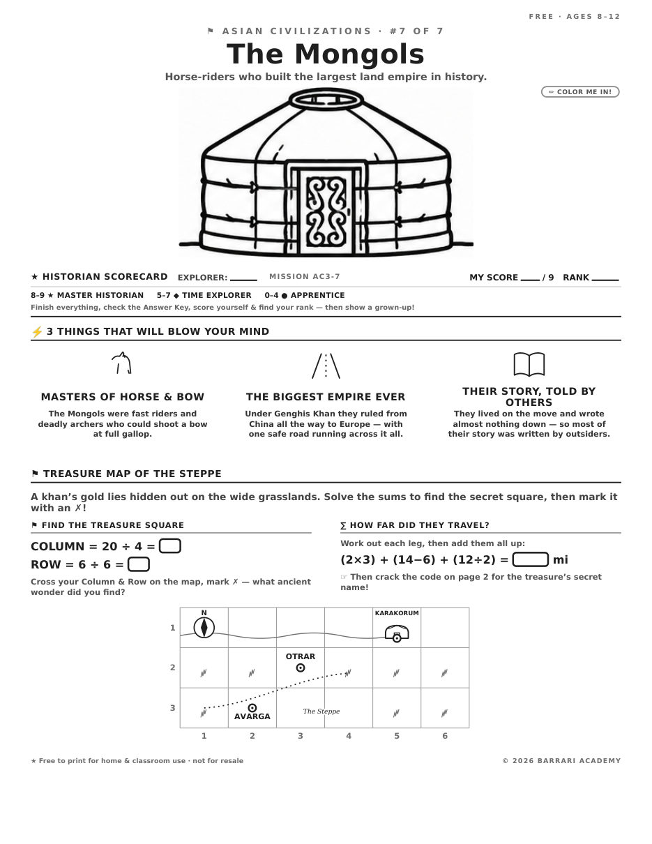 The free The Mongols worksheet — fun facts and activities