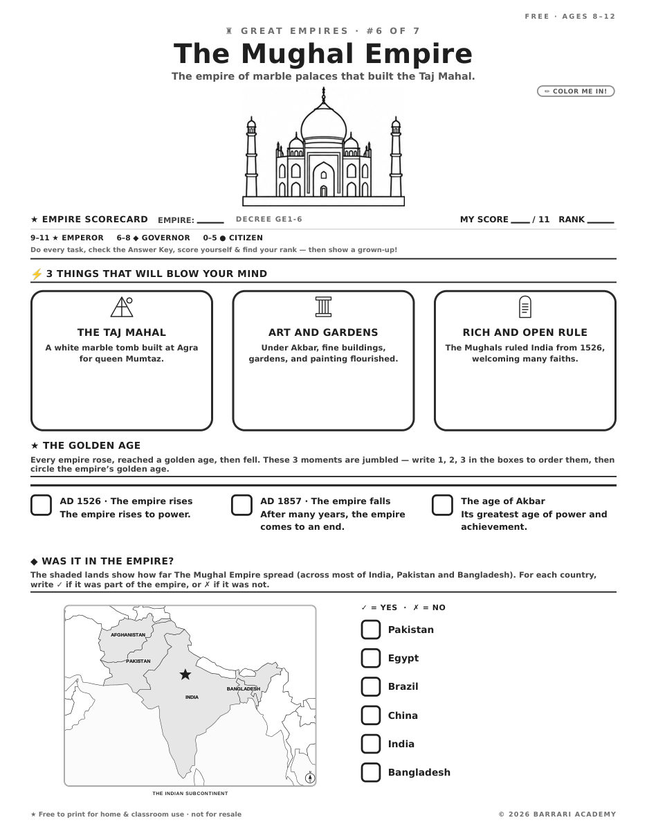 The free The Mughal Empire worksheet — fun facts and activities