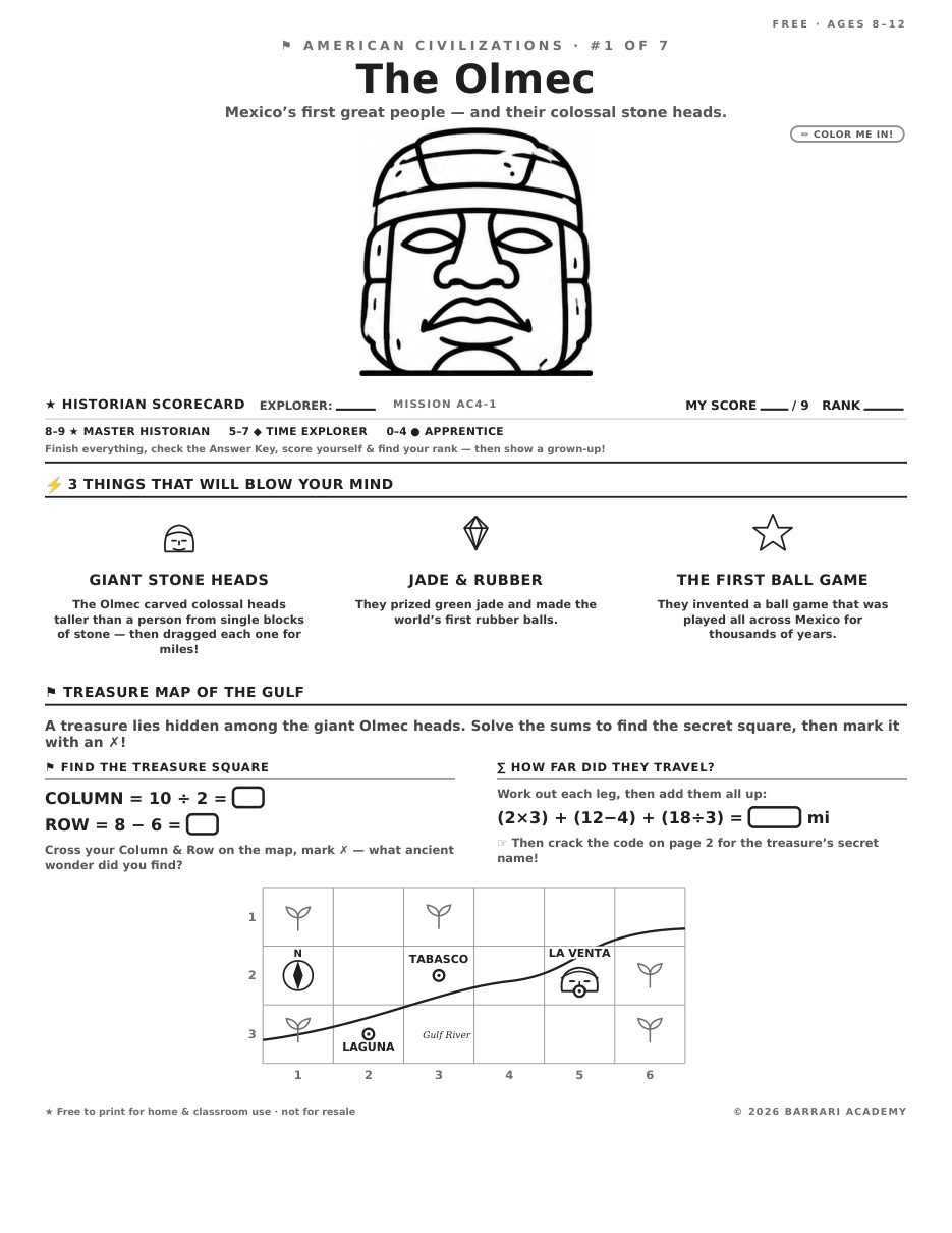 The free The Olmec worksheet — fun facts and activities