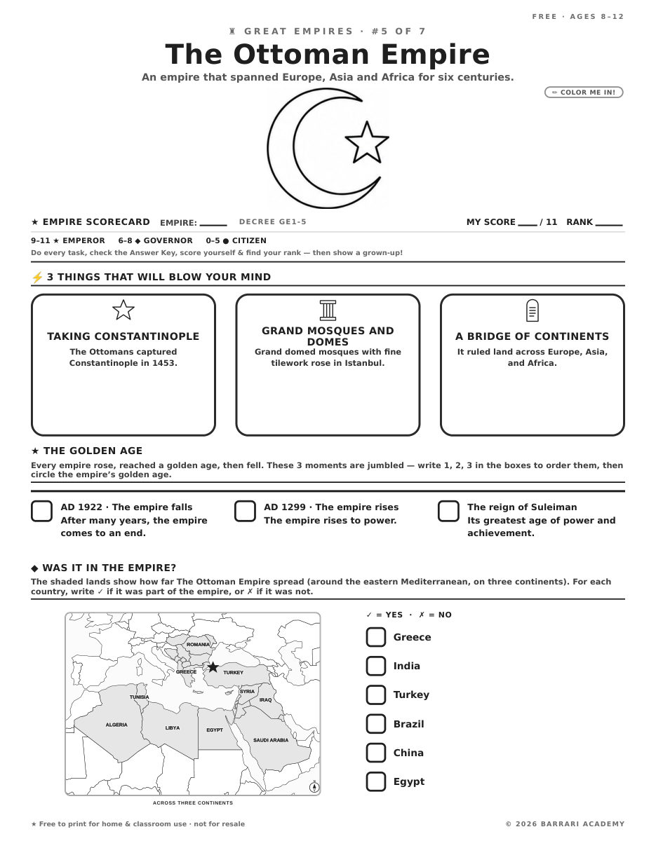 The free The Ottoman Empire worksheet — fun facts and activities