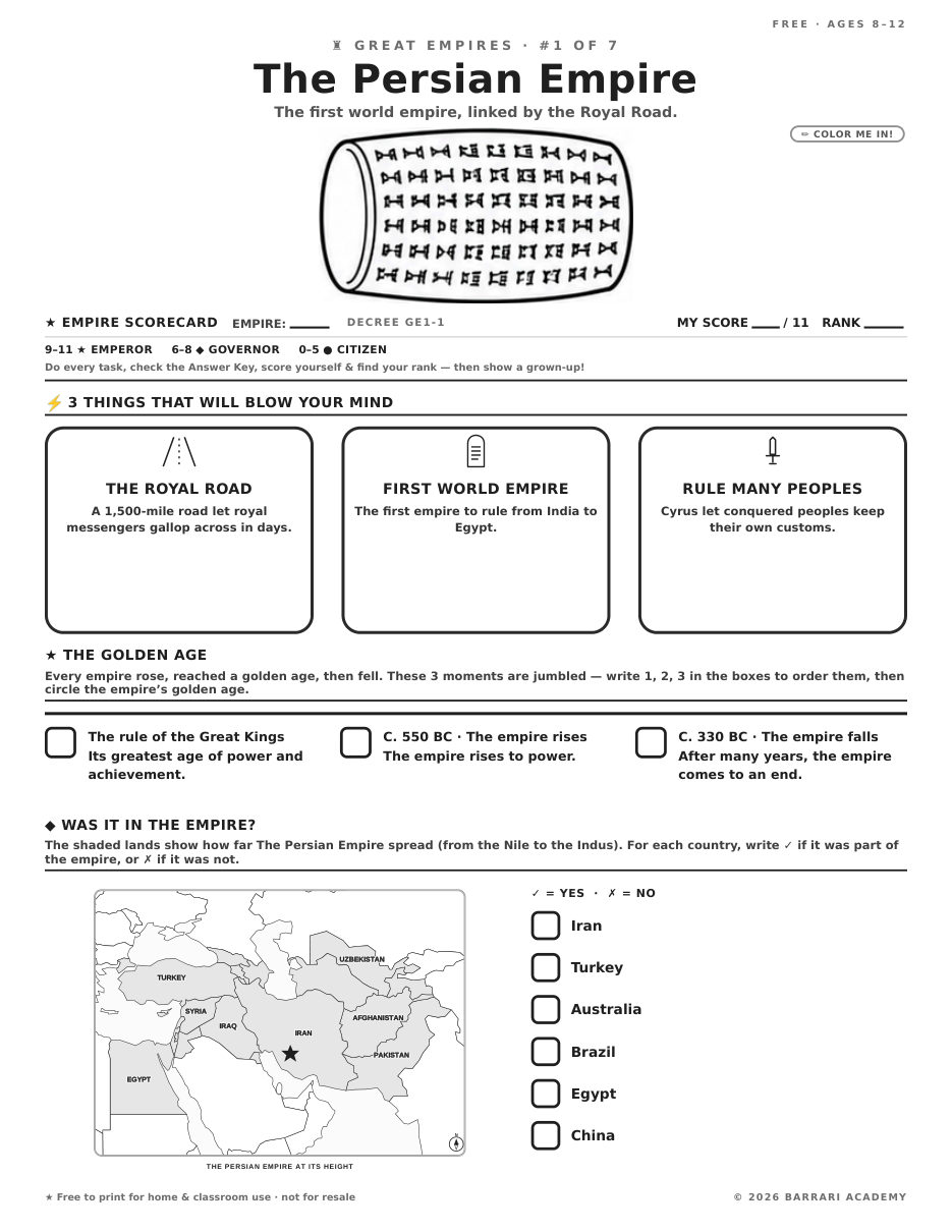 The free The Persian Empire worksheet — fun facts and activities
