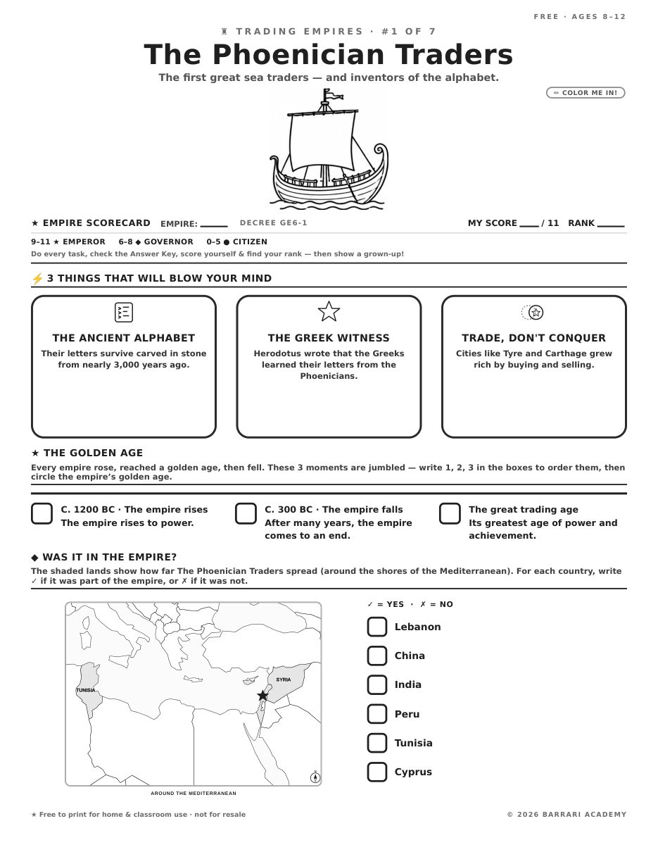 The free The Phoenician Traders worksheet — fun facts and activities