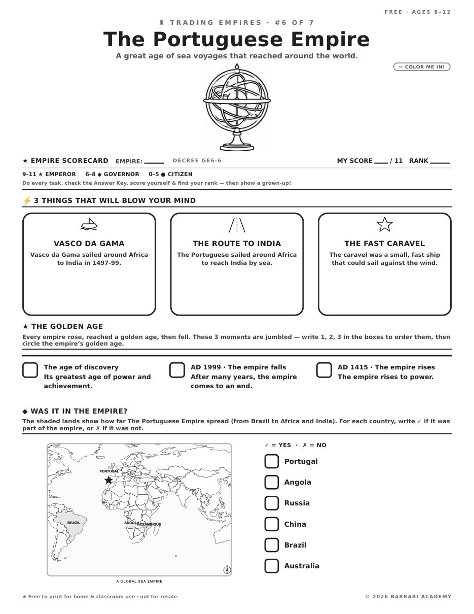 The free The Portuguese Empire worksheet — fun facts and activities
