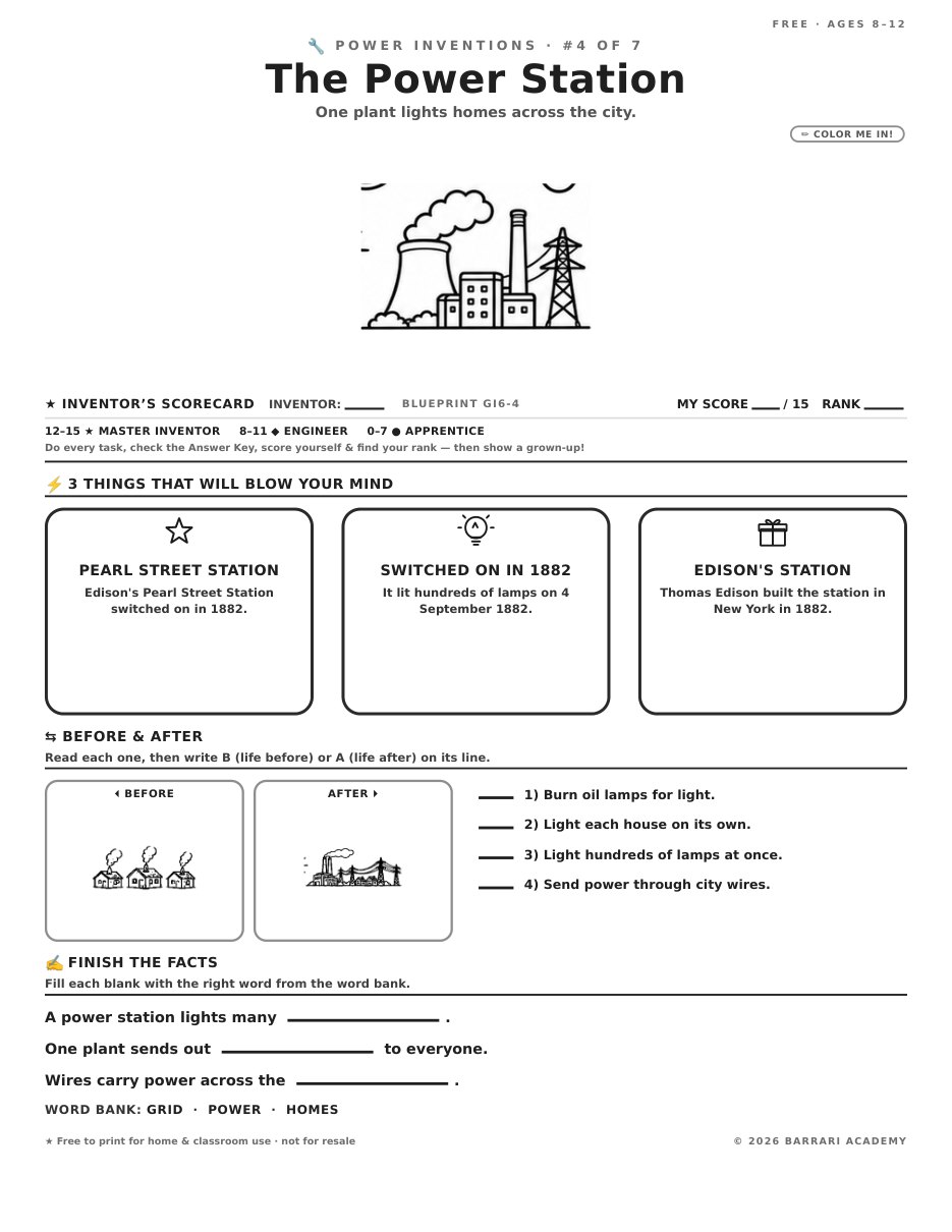 The free The Power Station worksheet — fun facts and activities