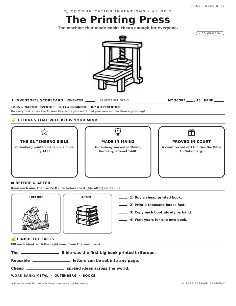 The free The Printing Press worksheet — fun facts and activities