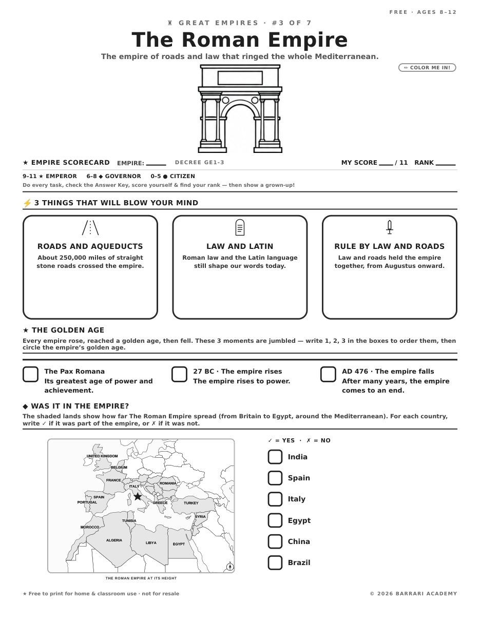 The free The Roman Empire worksheet — fun facts and activities