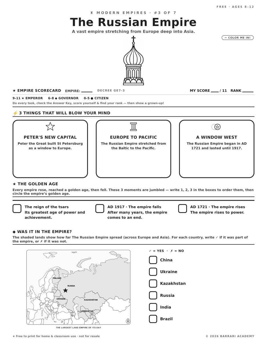 The free The Russian Empire worksheet — fun facts and activities