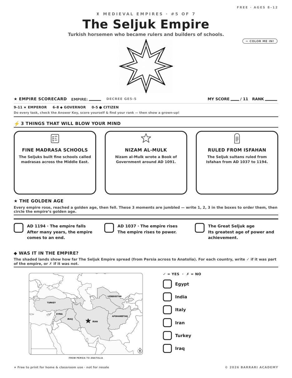 The free The Seljuk Empire worksheet — fun facts and activities
