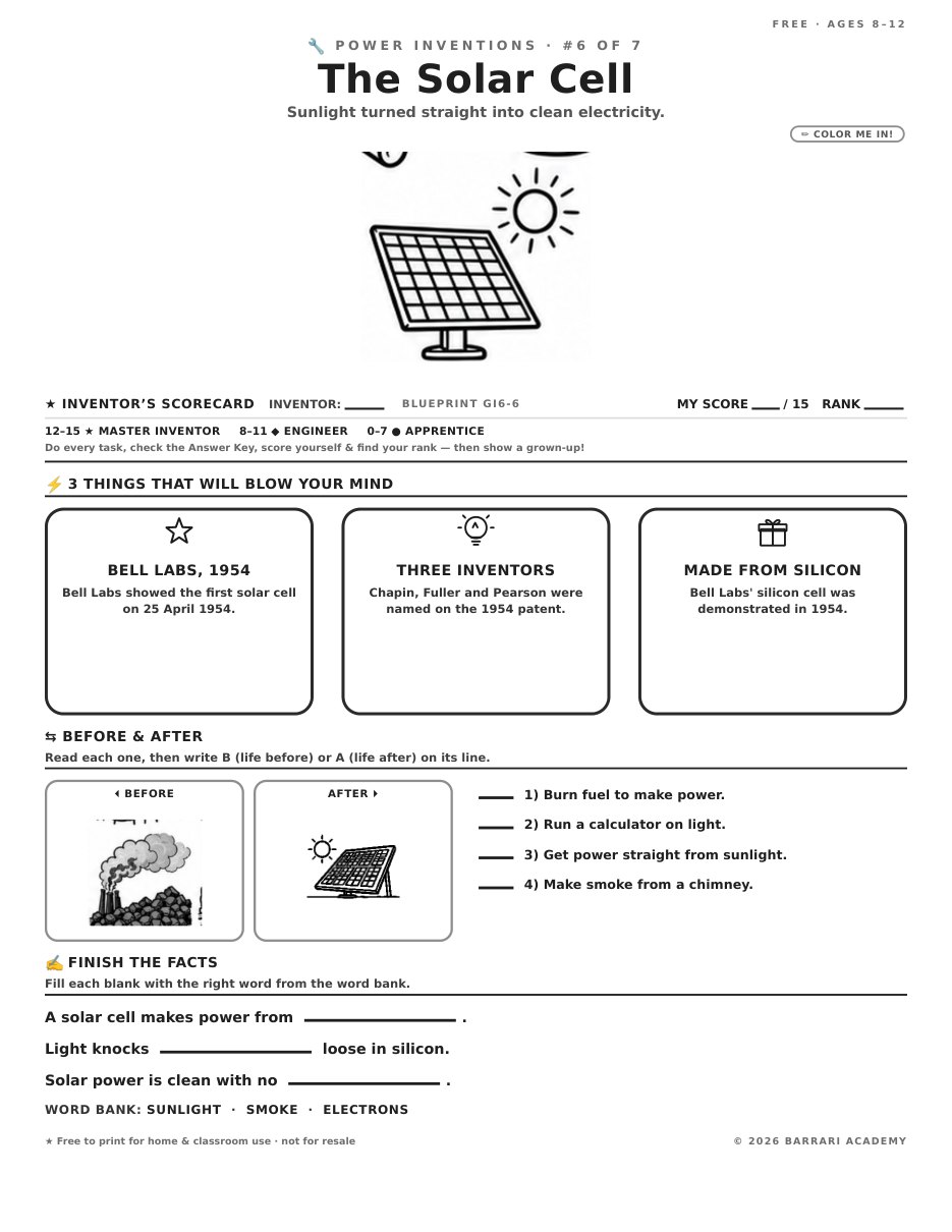 The free The Solar Cell worksheet — fun facts and activities
