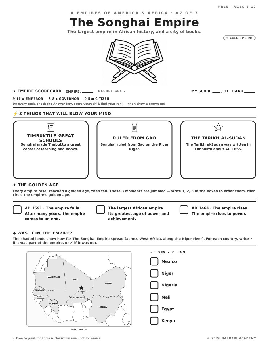 The free The Songhai Empire worksheet — fun facts and activities
