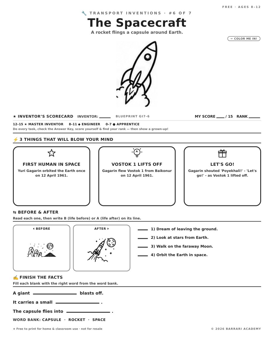 The free The Spacecraft worksheet — fun facts and activities