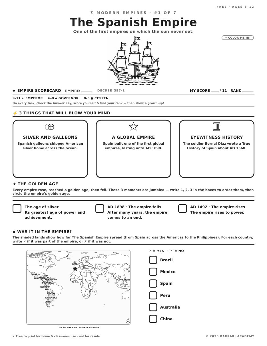 The free The Spanish Empire worksheet — fun facts and activities