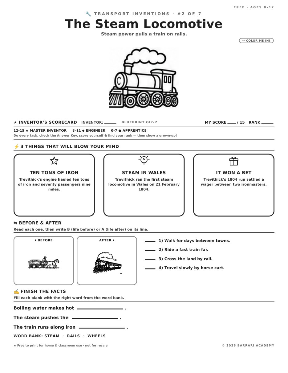 The free The Steam Locomotive worksheet — fun facts and activities