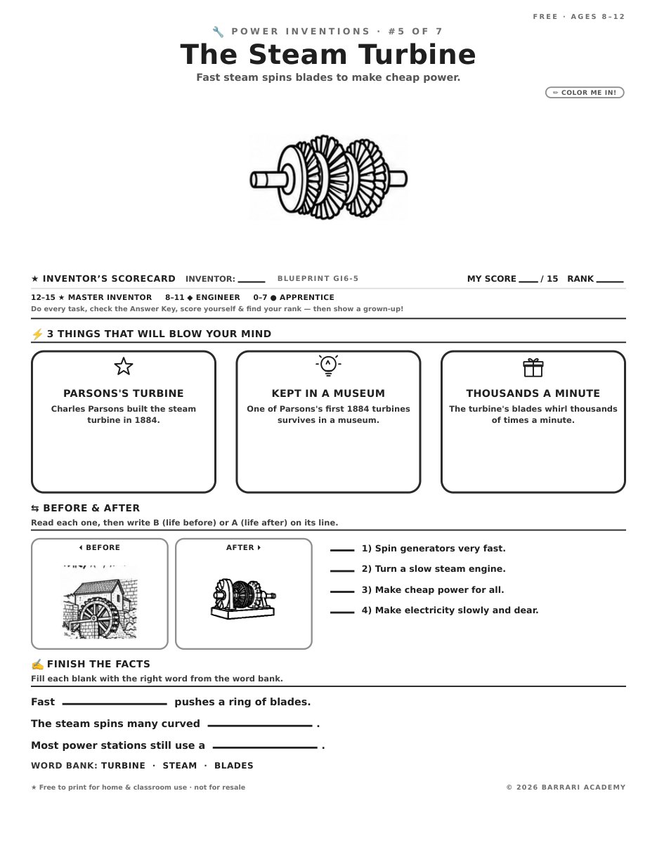 The free The Steam Turbine worksheet — fun facts and activities