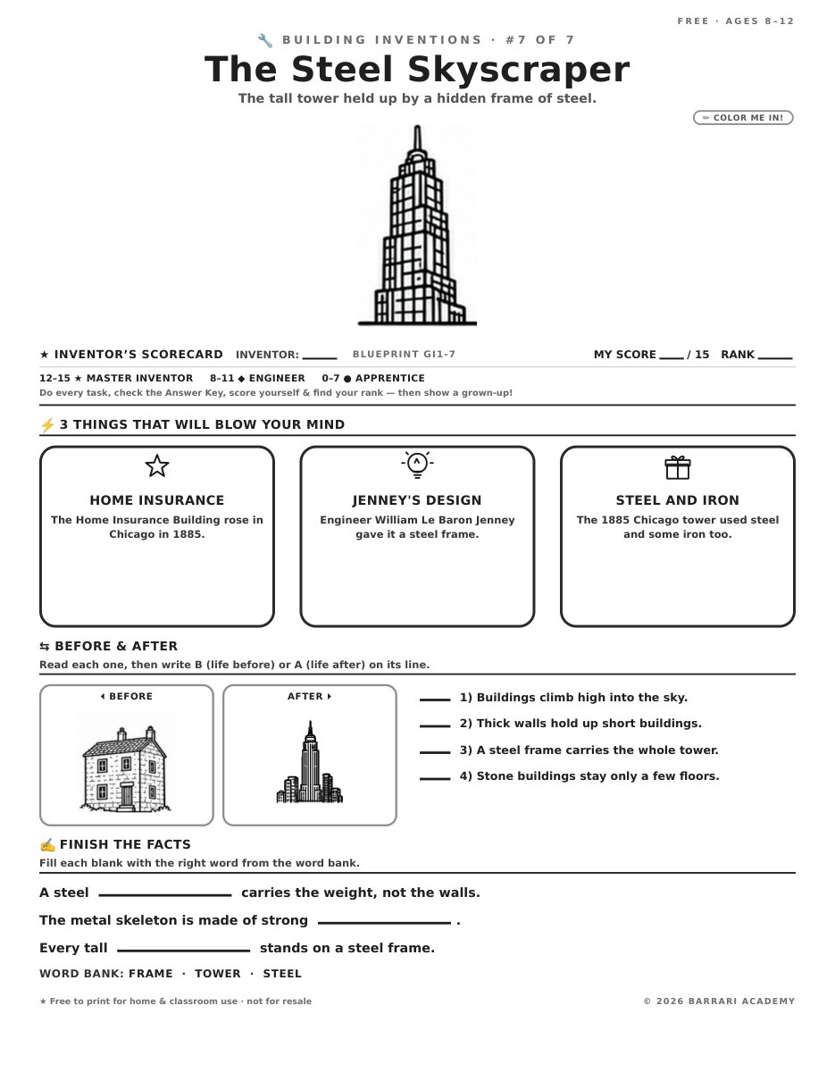 The free The Steel Skyscraper worksheet — fun facts and activities