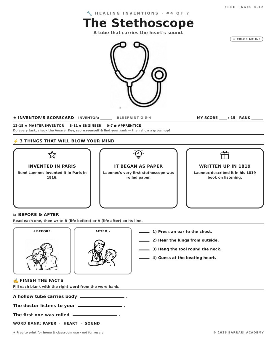 The free The Stethoscope worksheet — fun facts and activities