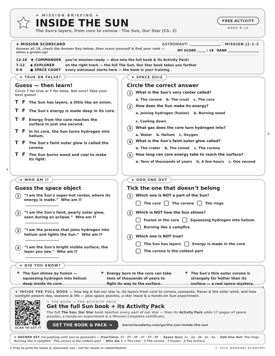 The free Inside the Sun worksheet — fun facts and activities