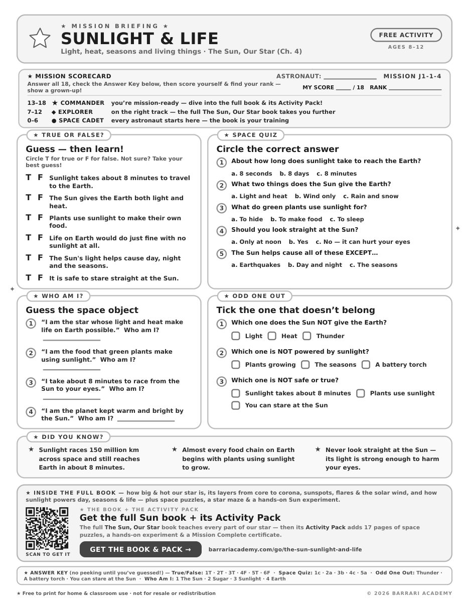 The free Sunlight and Life worksheet — fun facts and activities