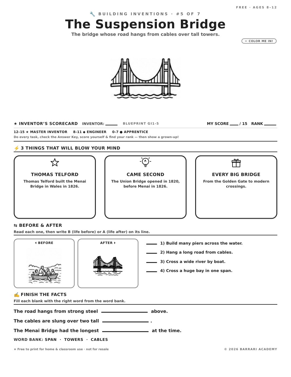 The free The Suspension Bridge worksheet — fun facts and activities