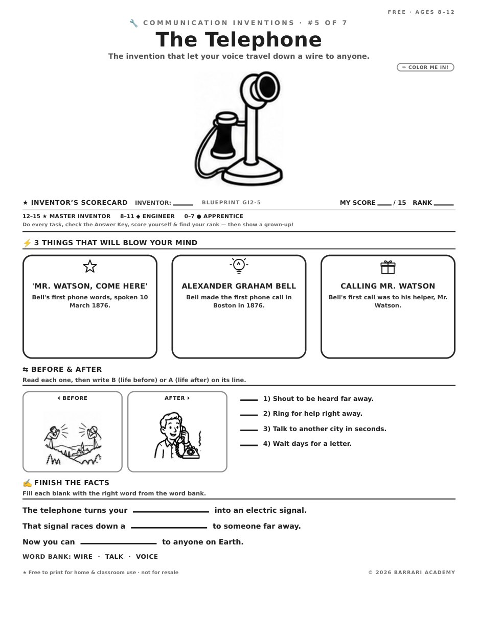 The free The Telephone worksheet — fun facts and activities