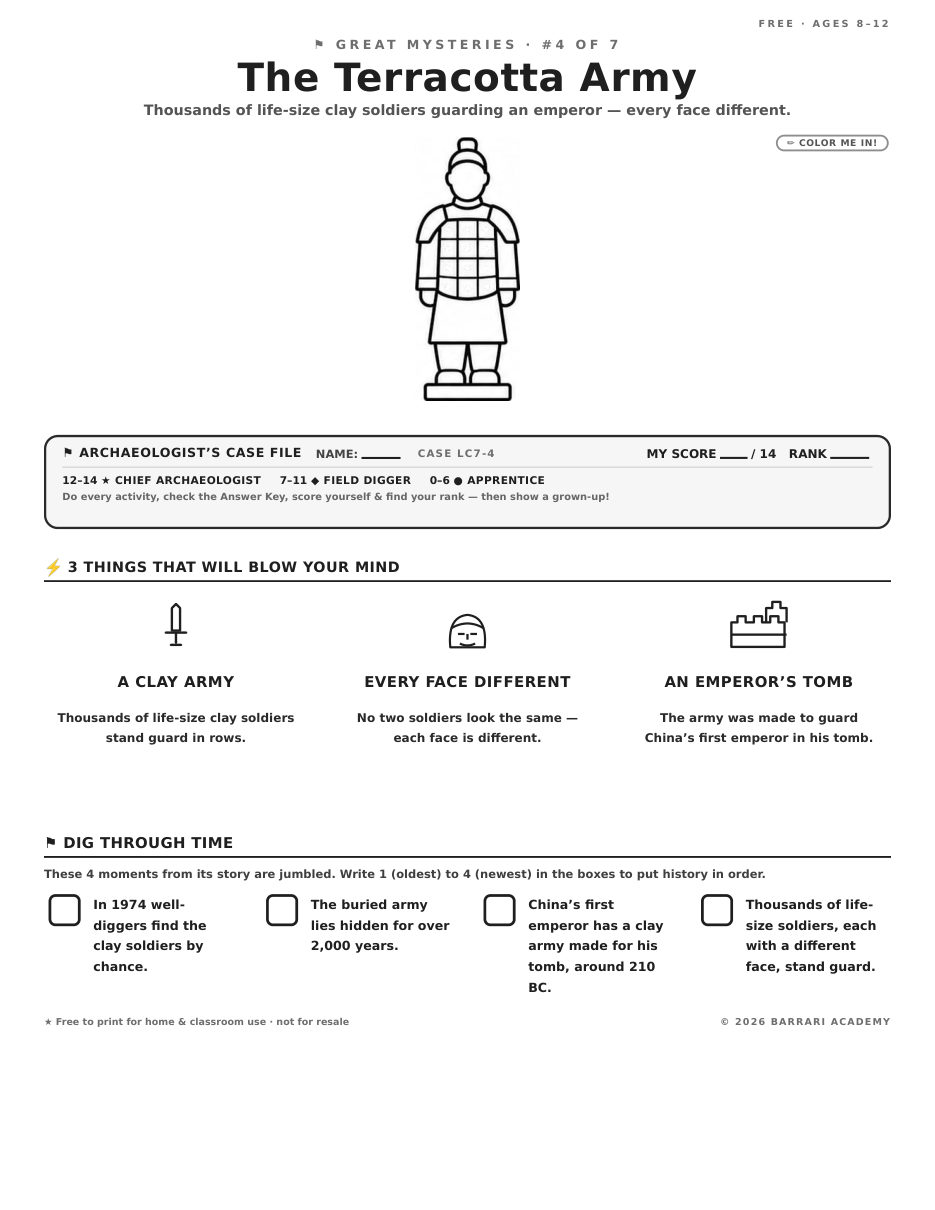 The free The Terracotta Army worksheet — fun facts and activities