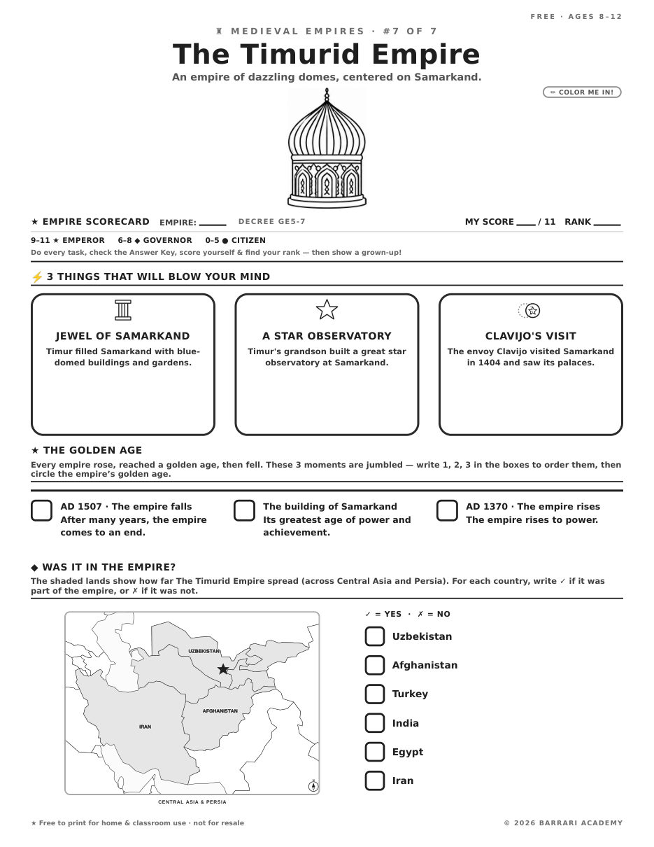 The free The Timurid Empire worksheet — fun facts and activities