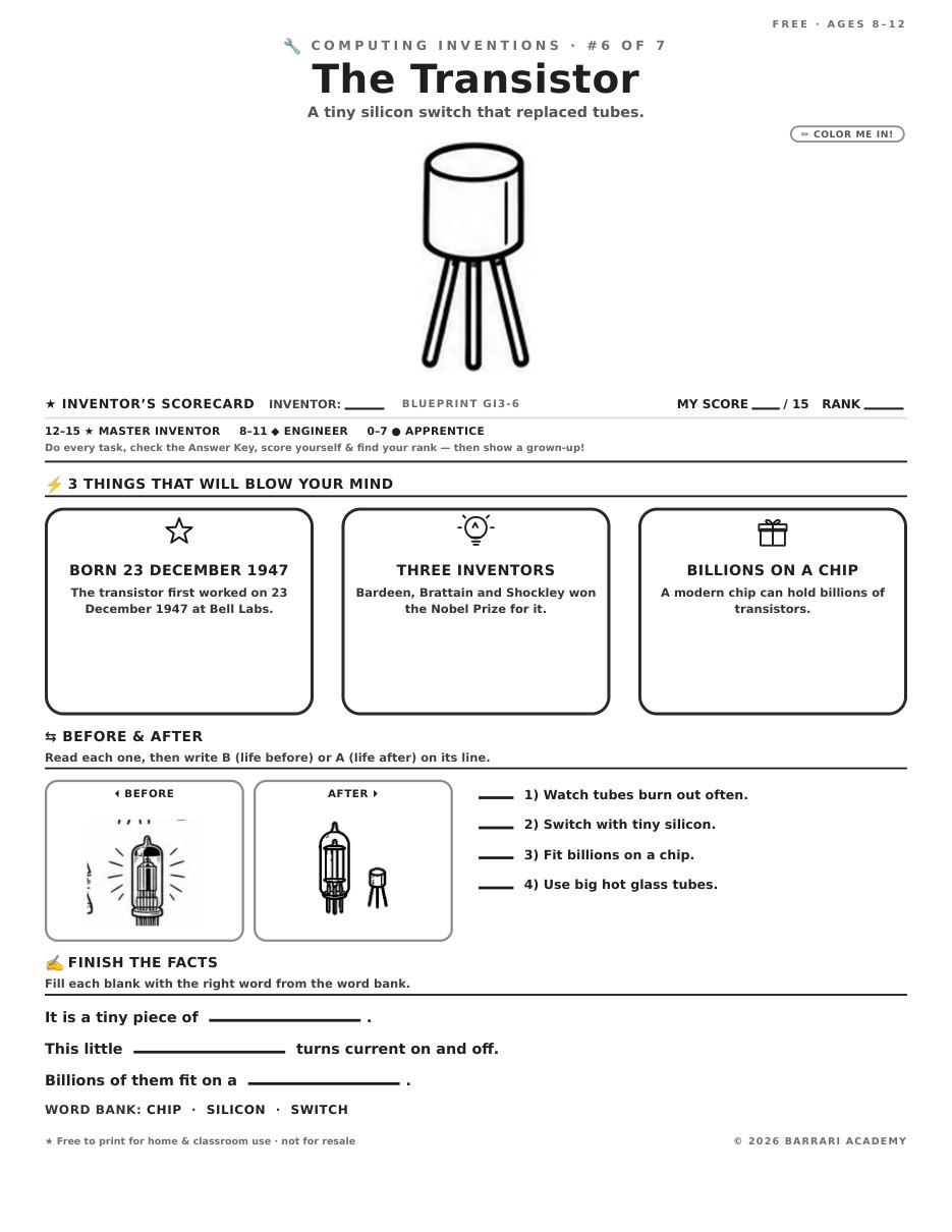 The free The Transistor worksheet — fun facts and activities