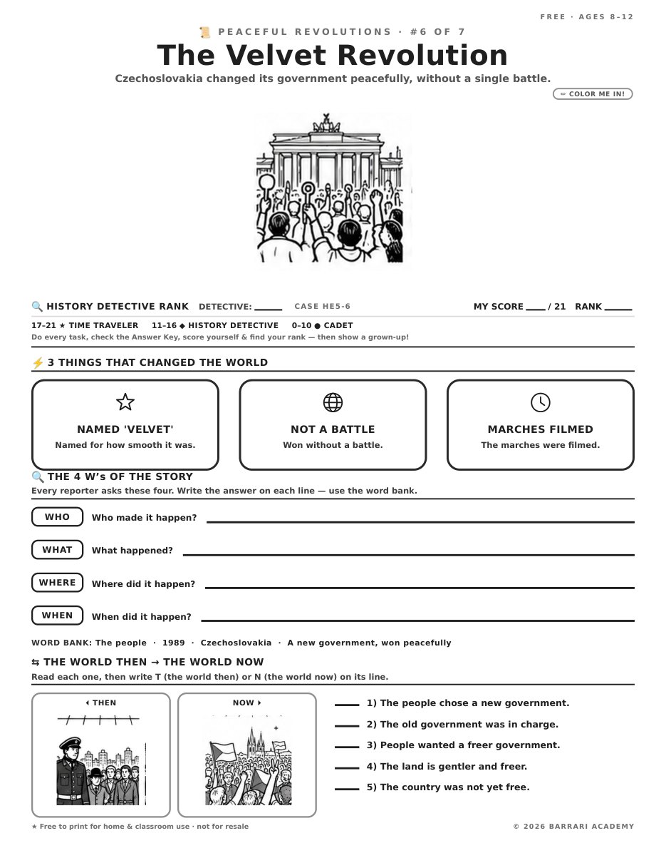 The free The Velvet Revolution worksheet — fun facts and activities