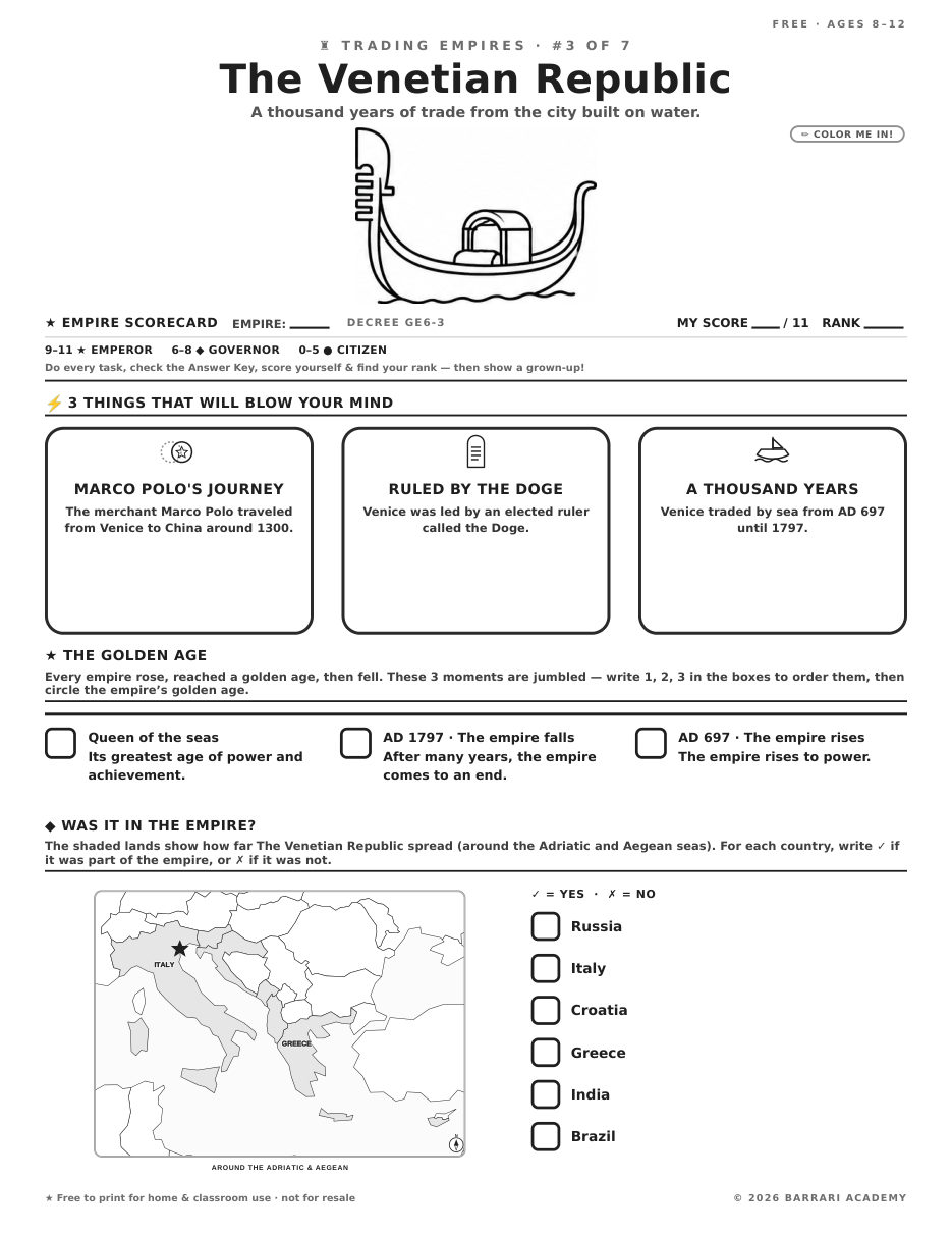 The free The Venetian Republic worksheet — fun facts and activities