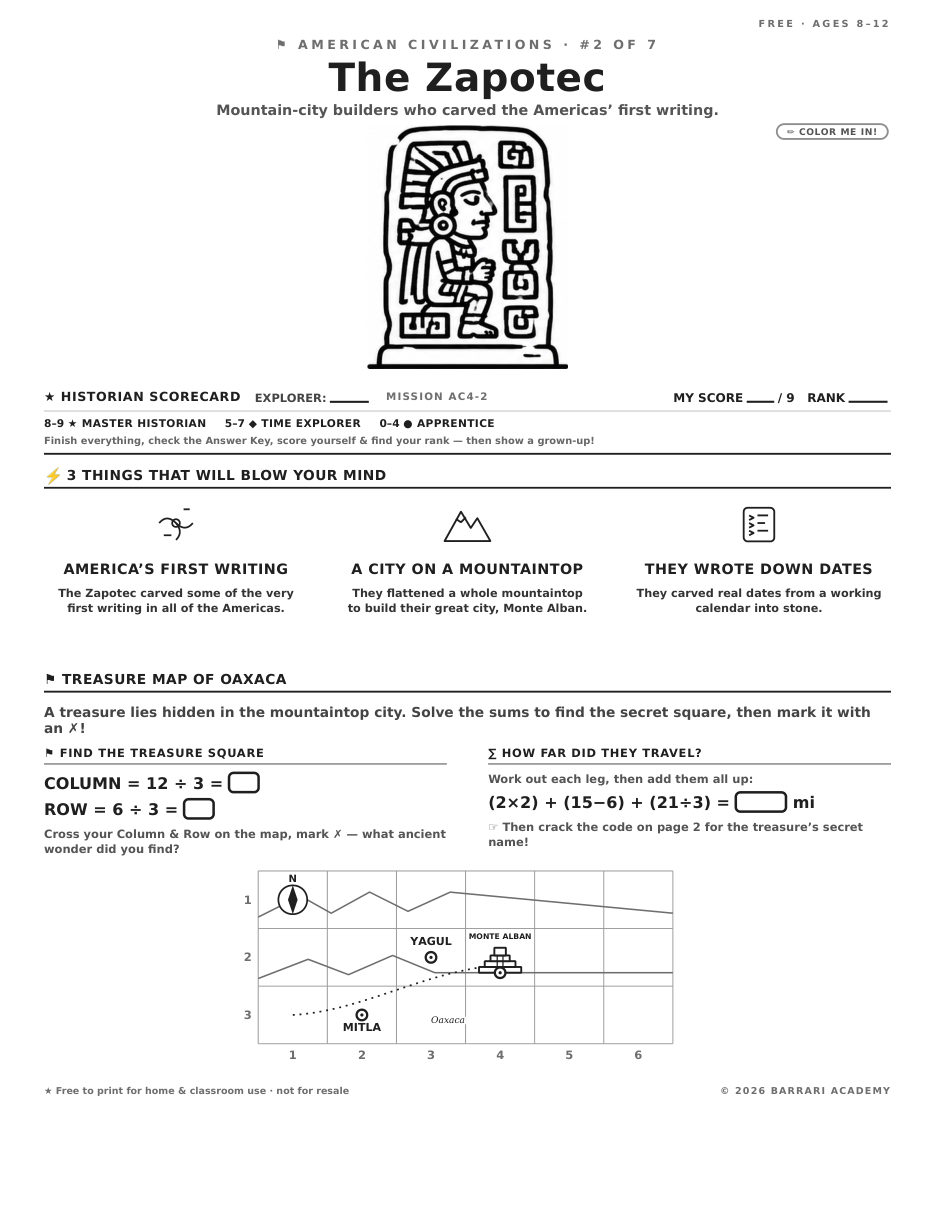 The free The Zapotec worksheet — fun facts and activities