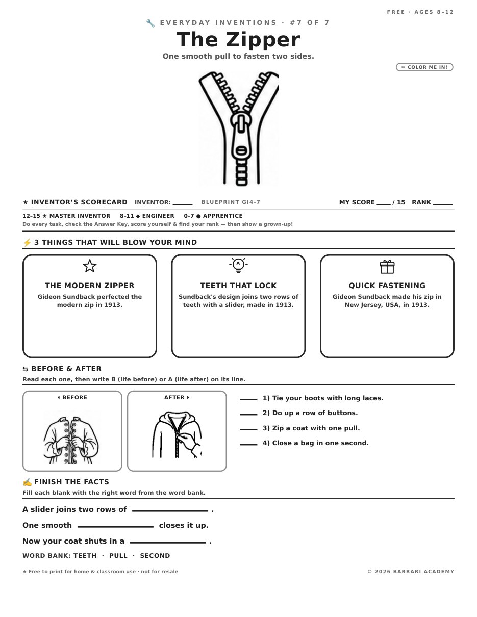 The free The Zipper worksheet — fun facts and activities