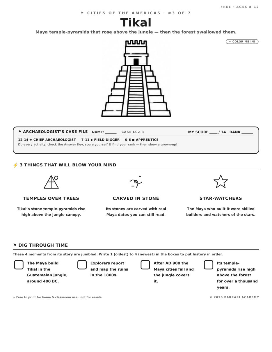The free Tikal worksheet — fun facts and activities