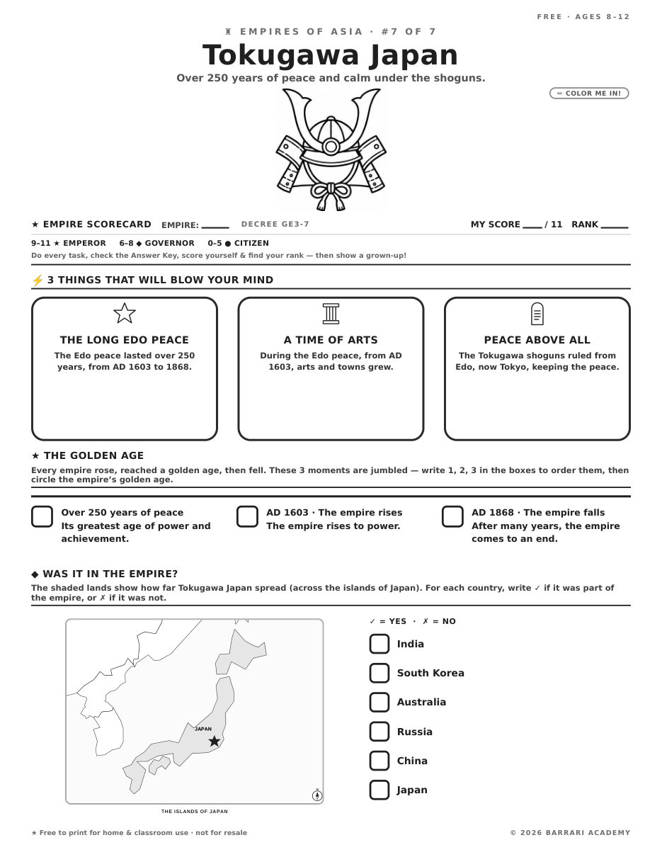 The free Tokugawa Japan worksheet — fun facts and activities