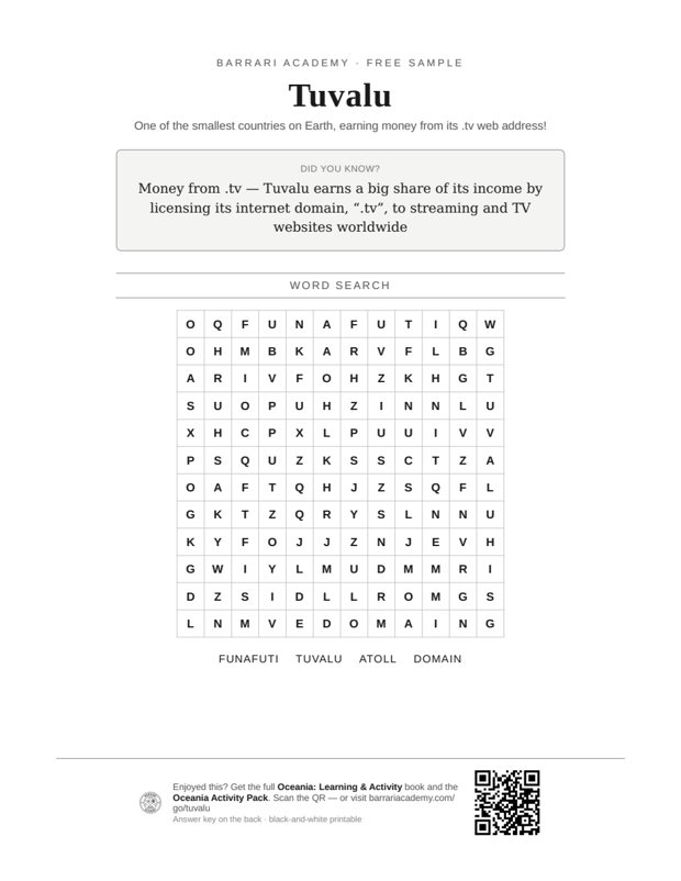 The free Tuvalu worksheet — a fun fact and a word search