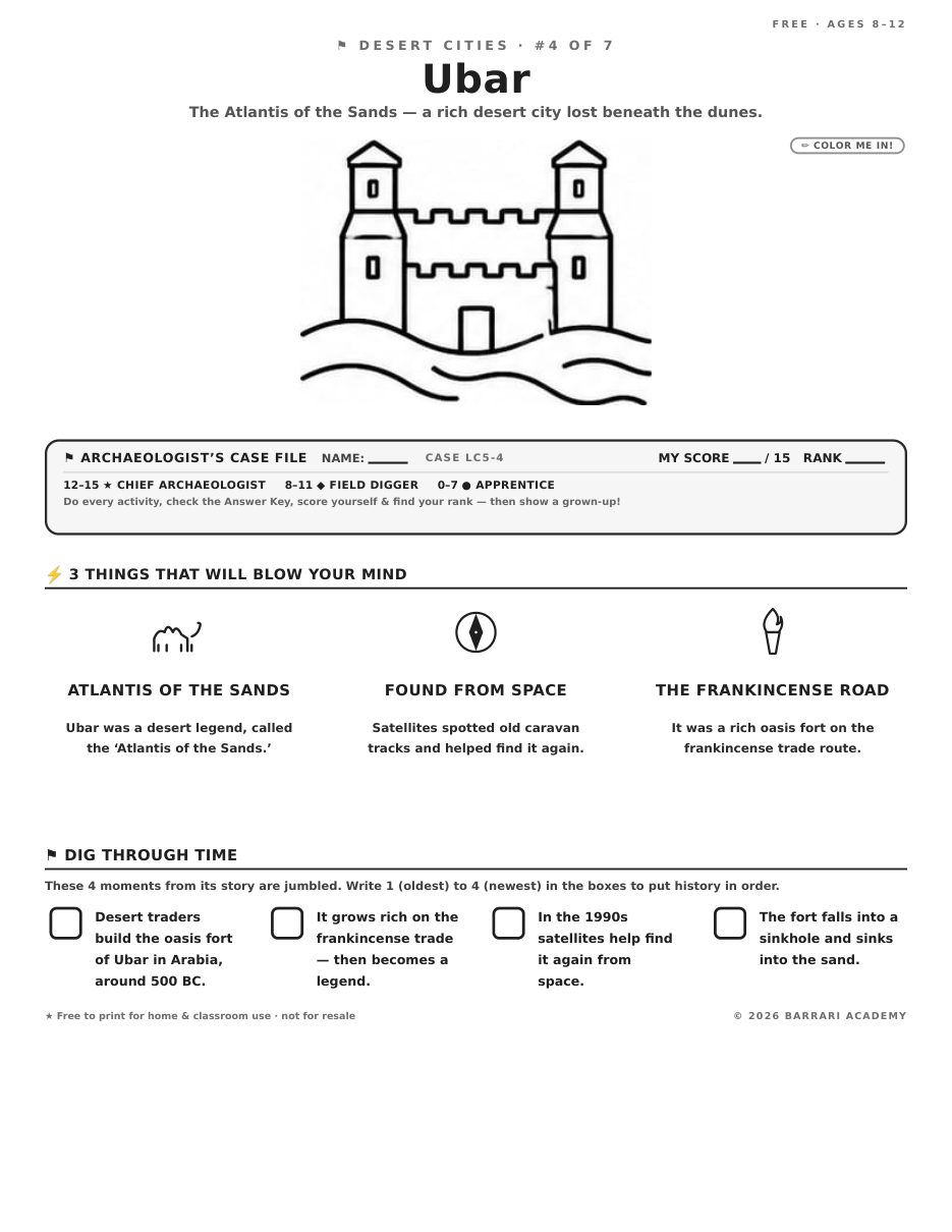 The free Ubar worksheet — fun facts and activities