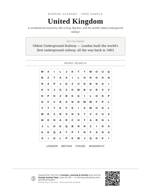 The free United Kingdom worksheet — a fun fact and a word search