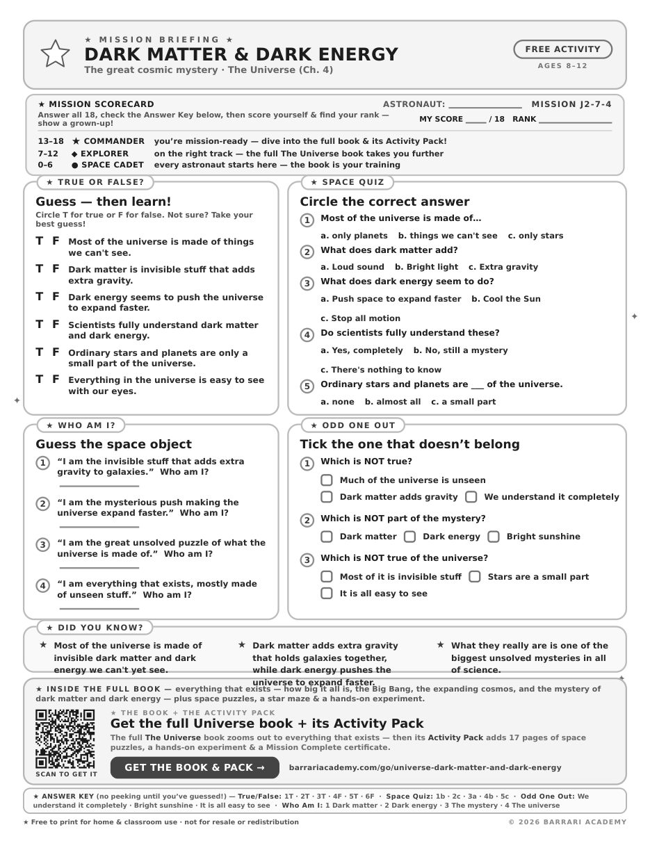The free Dark Matter and Dark Energy worksheet — fun facts and activities