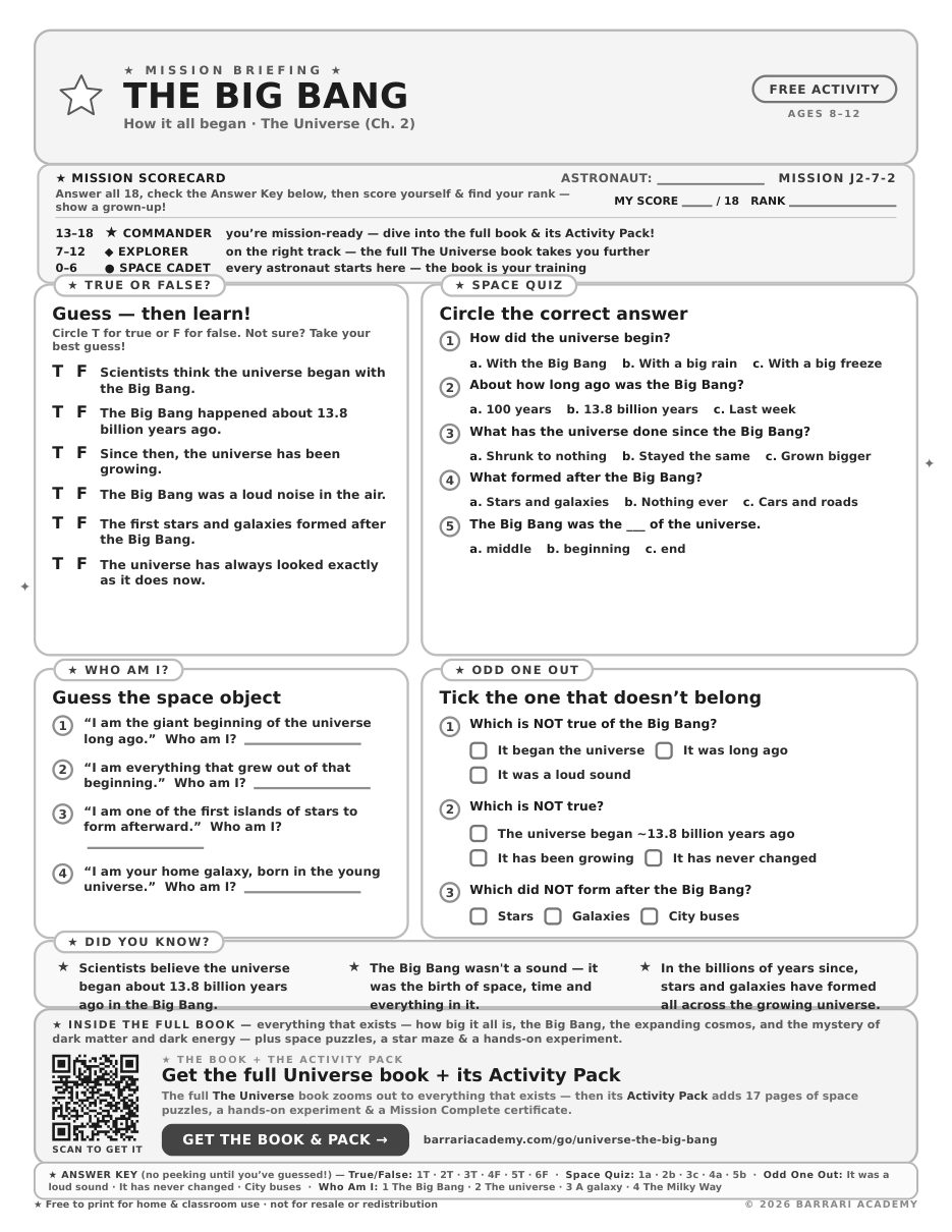 The free The Big Bang worksheet — fun facts and activities