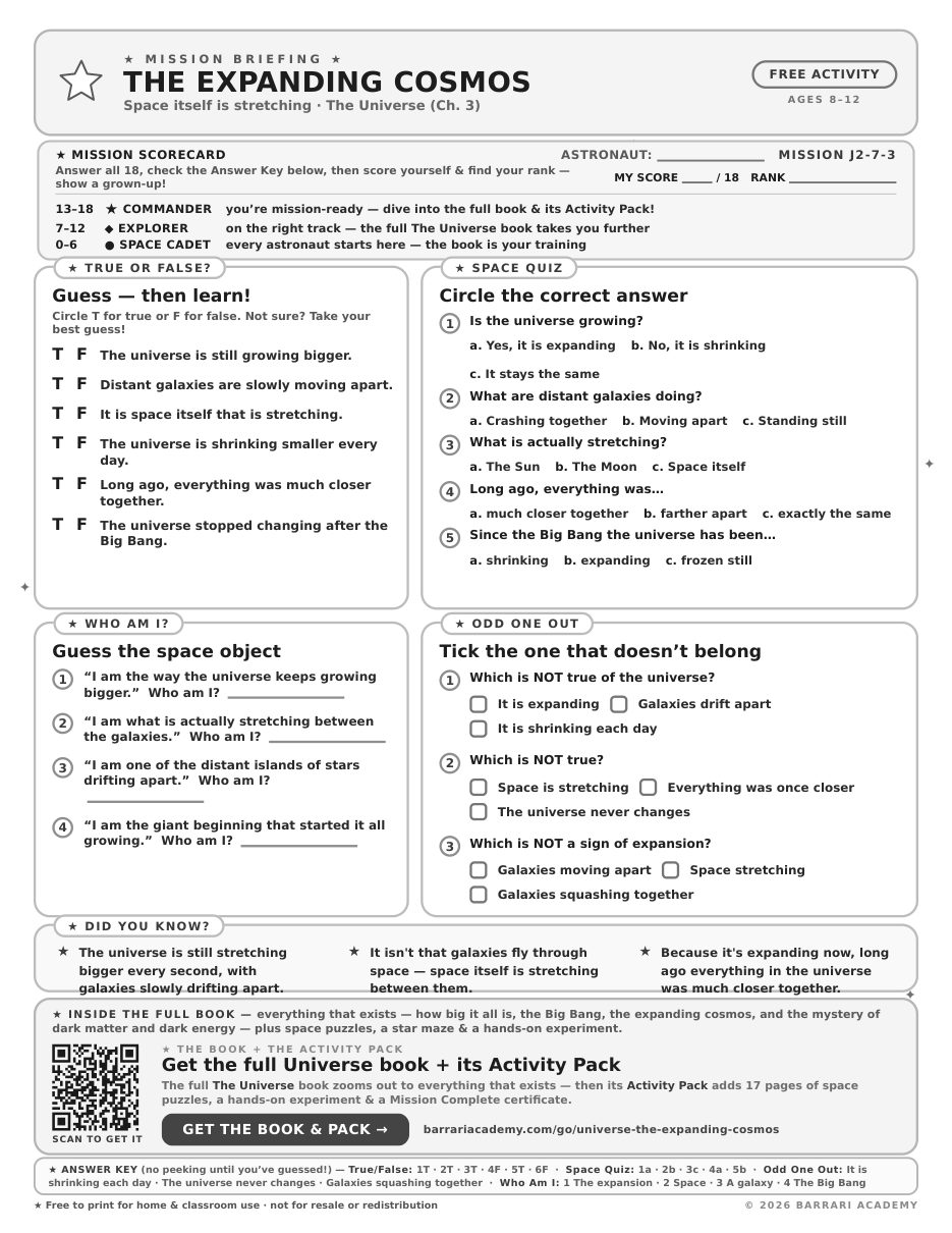 The free The Expanding Cosmos worksheet — fun facts and activities