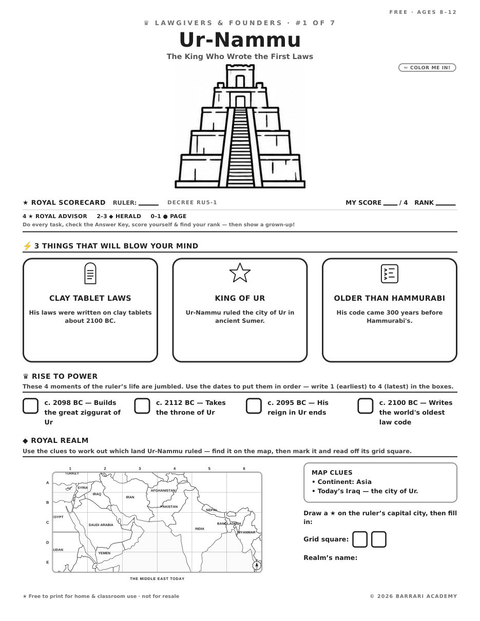 The free Ur-Nammu worksheet — fun facts and activities