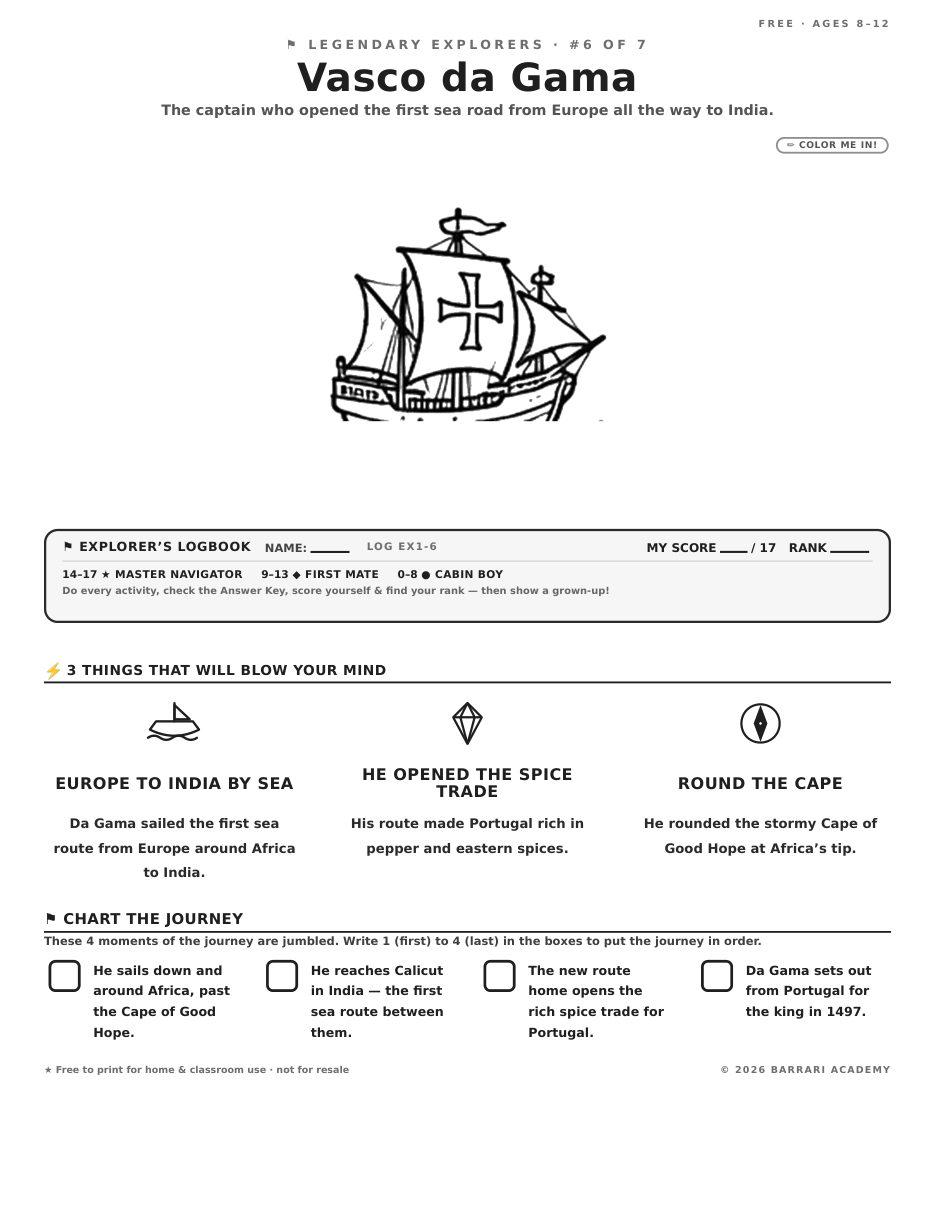 The free Vasco da Gama worksheet — fun facts and activities