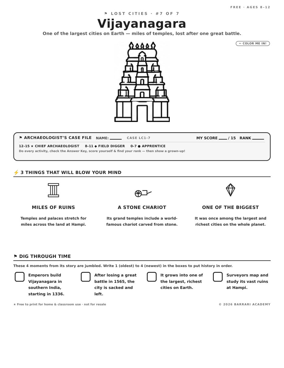The free Vijayanagara worksheet — fun facts and activities