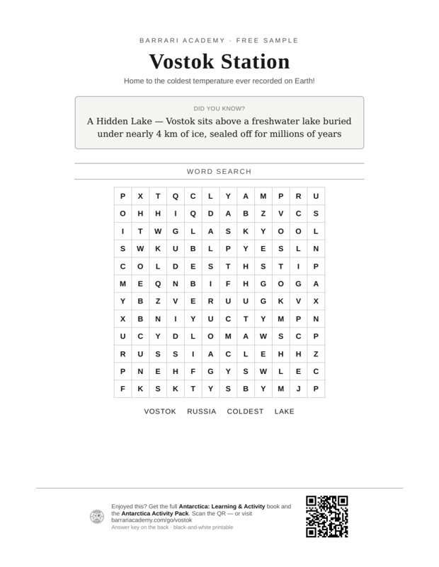 The free Vostok Station worksheet — a fun fact and a word search