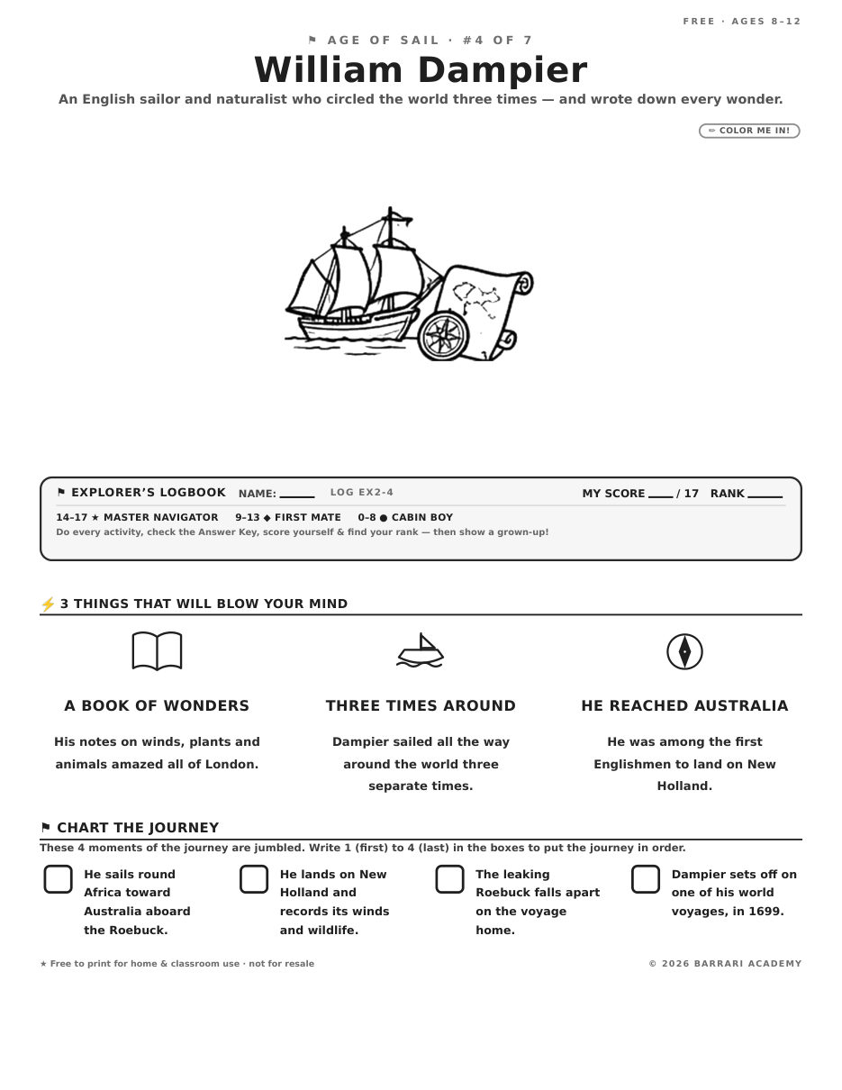 The free William Dampier worksheet — fun facts and activities