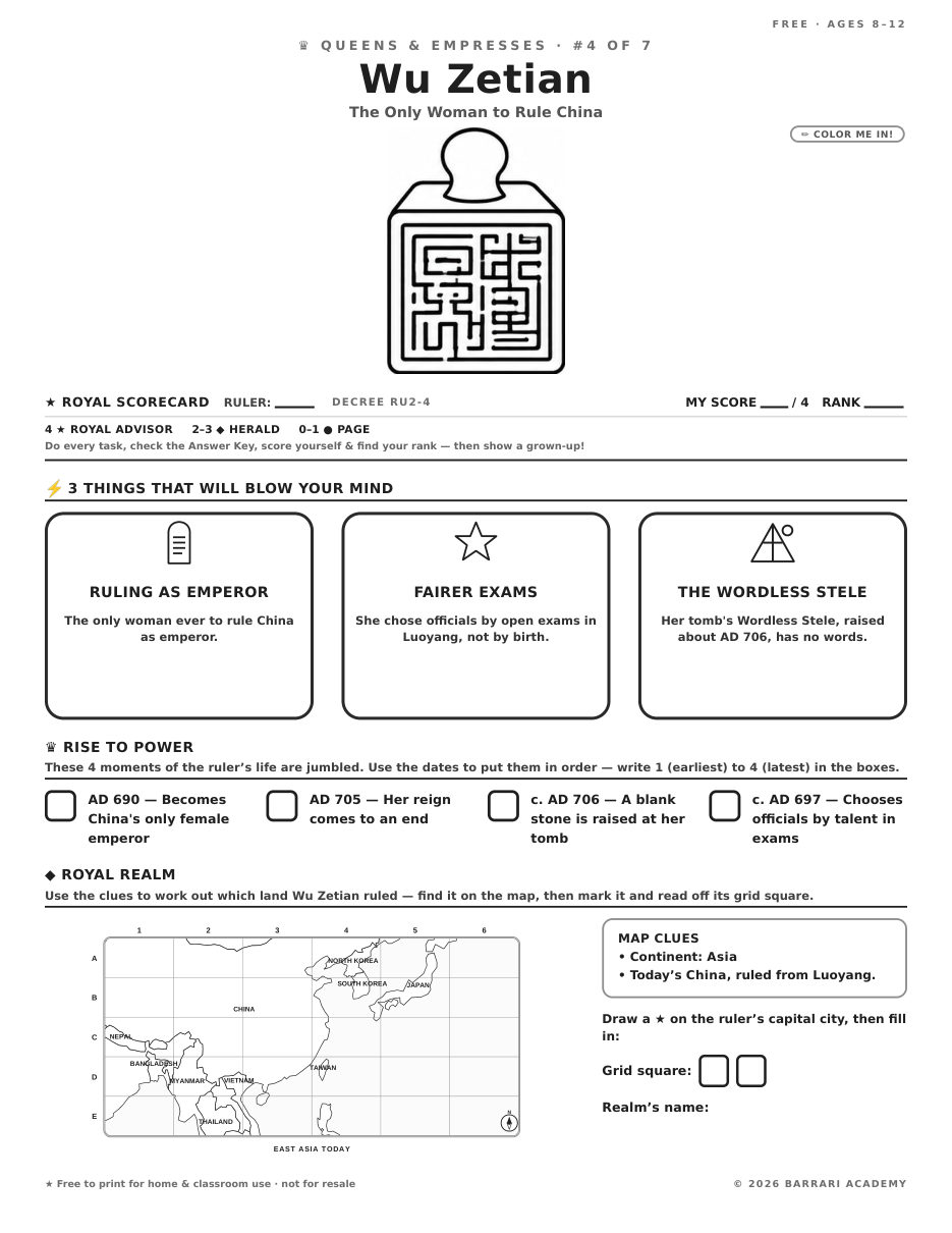 The free Wu Zetian worksheet — fun facts and activities